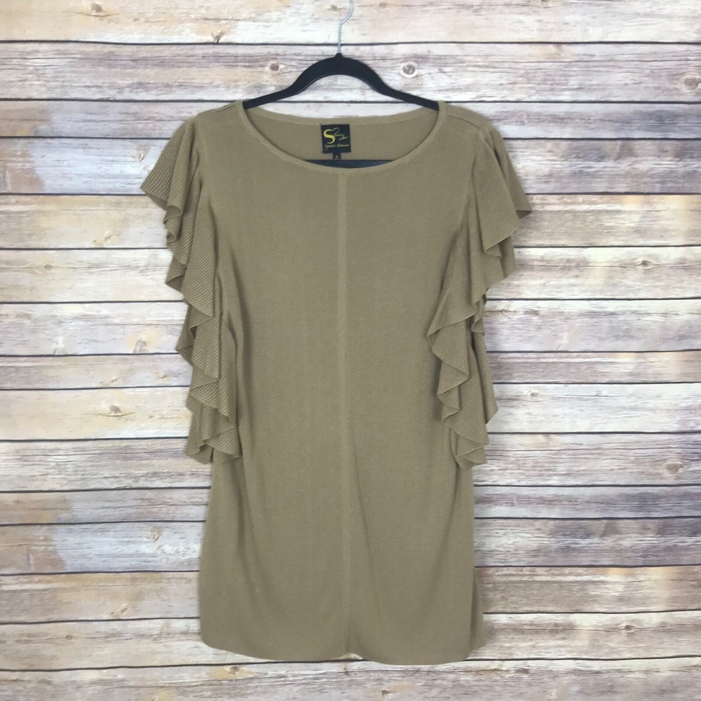 Serena Williams Sweater Womens M Beige Flutter Sleeve Scoop Neck Tunic Pullover